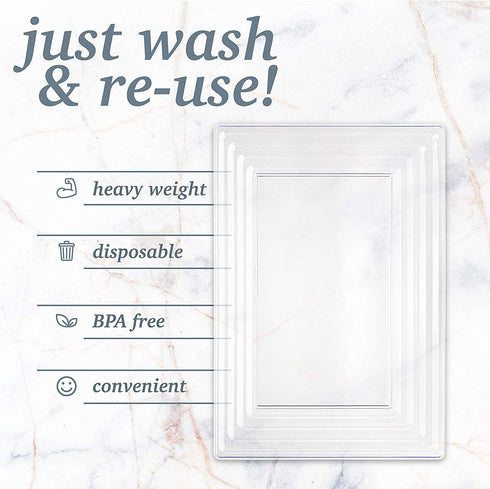 Plasticpro Plastic Serving Trays - Serving Platters Rectangle 11X16 Disposable Party Dish Crystal Clear, Elegant Leveled Border, Pack of 4