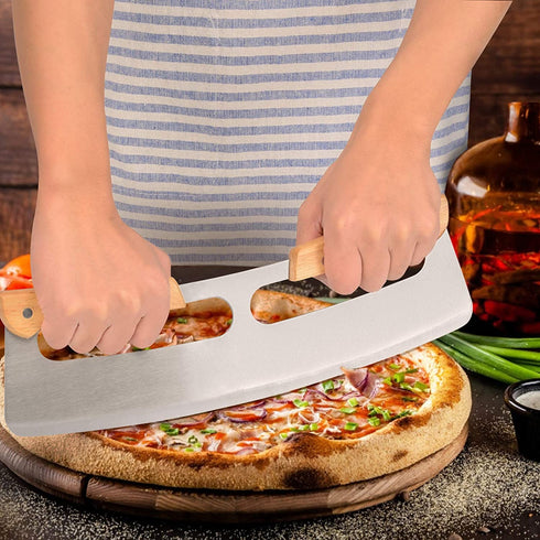 14" Pizza Cutter Rocker with Wooden Handles, Sharp Stainless Steel Pizza Slicer Knife Blade with Protective Cover, Upgrade Accessories Chopper for Pie Pizza Making Kit by Lascritta (14 inches)