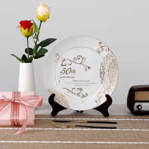 CQNET 50th Anniversary Wedding Plate Porcelain Gold Plate with Stand for 50 Year Golden Wedding Anniversary Valentine's Day Couple Grandparents Gift for Him or Her (50th)