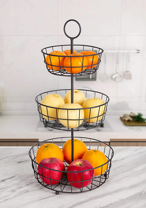 HANZE 3-Tier Wire Fruit Basket Bowl, Detachable Vegetable Bread Countertop Display Storage Stand Rack for Kitchen Bathroom Hanging Organize, Brown