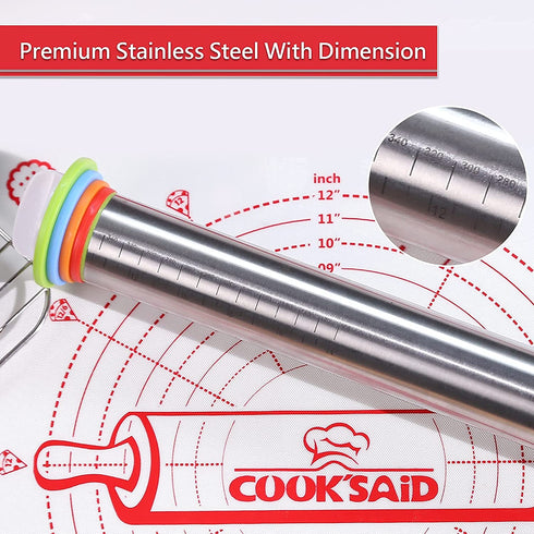 Rolling Pin with Thickness Rings- Adjustable Stainless Steel Roller Guides-Non Stick Dough Roller Pin for Dough Pizza Pie,Pastries and Cookies By Cook's Aid (Rolling Pin)