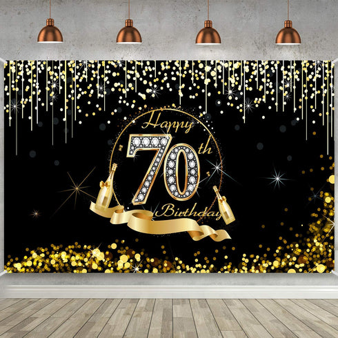 70th Birthday Party Decoration, Extra Large Black Gold Sign Poster 70th Birthday Party Supplies, 70th Birthday Banner Photo Booth Happy Birthday Backdrop Background, 72.8 x 43.3 Inch