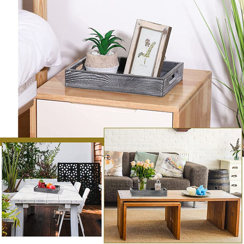 Shinowa Rustic Wood Serving Tray with Handles Rectangular Wooden Tray Platter for Breakfast in Bed, Appetizers,Coffee Table, Ottoman, Party, Food Serving, Home D©cor, Medium Size - Gray