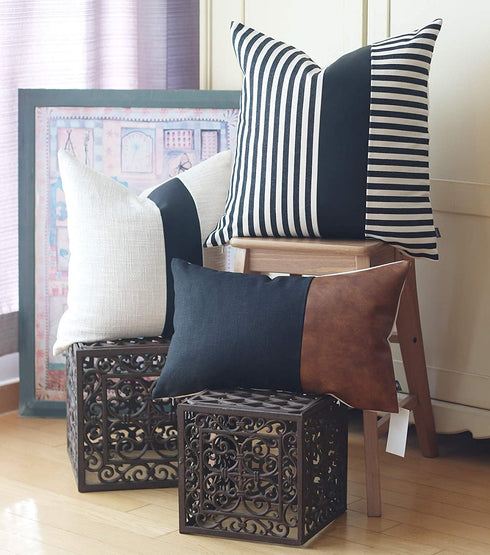 Kdays Thick Black Linen Farmhouse Lumbar Throw Pillow Cover Black Brown Color Block Decorative Linen Faux Leather Ticking Stripe Cushion Pillowcase Modern Sofa Couch Pillow Cover 12x20 Inches