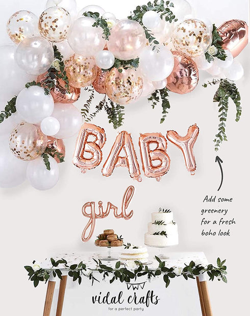 VIDAL CRAFTS Rose Gold Baby Shower Decorations for Girl, It's a Girl Banner, BABY Girl Foil Balloons, 36 Pieces Rose Gold Balloon Arch, Confetti Balloons, Paper Fans, Rose Gold and White Theme Décor