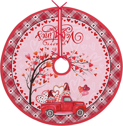 fzbali Happy Valentine™s Day 48? Large Gnome Couple Love Christmas Tree Skirt Lace-up Red Truck Hearts, Pink Buffalo Plaid Check Rustic Home Decorations Holiday Party Farmhouse Decor