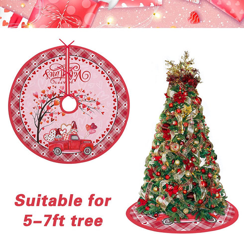 fzbali Happy Valentine™s Day 48? Large Gnome Couple Love Christmas Tree Skirt Lace-up Red Truck Hearts, Pink Buffalo Plaid Check Rustic Home Decorations Holiday Party Farmhouse Decor