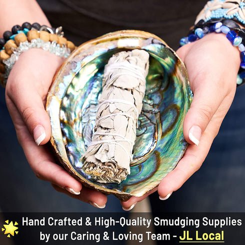 3 Sage Smudging Kit - White Sage, Blue Sage & Cedar | Smudge Kit with Abalone Shell, Stand, Instructions, Blessings & Blue Agate Bracelet (White, Blue & Cedar)