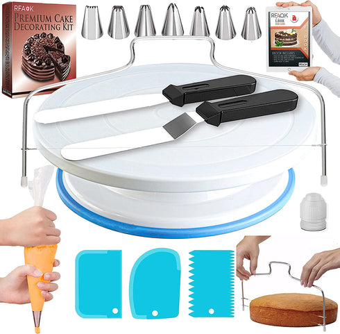 RFAQK 35PCs Cake Turntable and Leveler-Rotating Cake Stand with Non Slip pad-7 Icing Tips and 20 Bags- Straight & Offset Spatula-3 Scraper Set -EBook-Cake Decorating Supplies Kit -Baking Tools