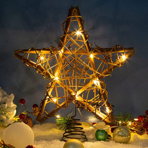 LAWOHO Christmas Tree Topper Star Rustic Rattan Natural Star Treetop 10 inch Christmas Tree and Holiday Seasonal Decoration Fit for General Size Christmas Tree