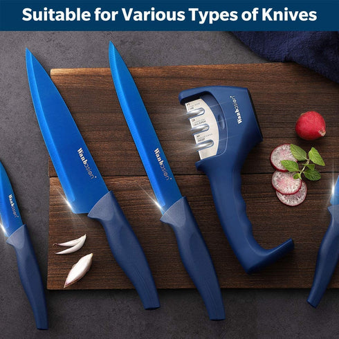Wanbasion Blue Kitchen Knife Sharpener Professional 3 Stages, Kitchen Knife Sharpener Manual Sharpening, Knife Sharpener for Kitchen Knives with Stainless Steel Ceramic Diamond Blade