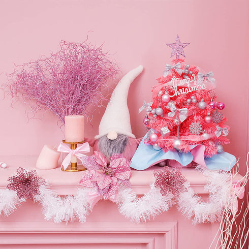 20'/50cm Mini Pink Christmas Tree,Artificial Small Christmas Tree with Led Lights/Ornaments, Tabletop Christmas Tree for Kids Christmas Decoration Gifts(Pink)