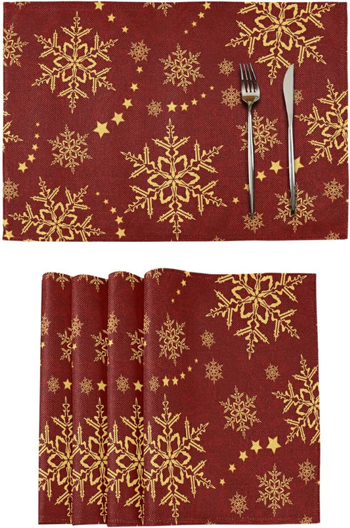 Christmas Snowflakes Red Placemats Set of 4 Non Slip Burlap Winter Table Mats Heat Resistant Washable Place Mats for Dining Home Kitchen 12 x 18 Inch