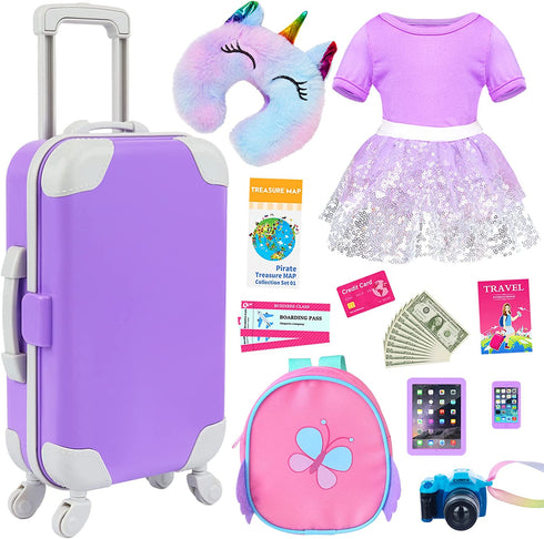 K.T. Fancy 23 pcs 18 Doll Accessories Suitcase Travel Luggage Play Set for 18 Inch Doll Travel Carrier, Sunglasses Camera Computer Phone Pad Travel Pillow Passport Tickets Cashes