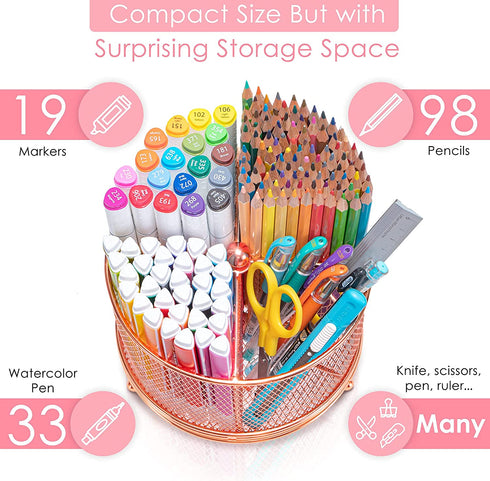 Rose Gold Mesh Desk Organizer, Varhomax Pen Holder Desktop Storage Caddy, Rotating 360-Degree Pencil Holder for Home Office Multi-Functional 4 Compartments Large Storage Capacity