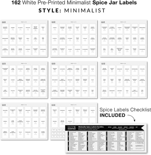 162 Minimalist Spice Jar Labels - Preprinted Spice Stickers - Black Text on White Waterproof Label - Fits Round Bamboo Jars or Rectangular Spice Jars - Herb Seasoning Kitchen Pantry Labels Stickers