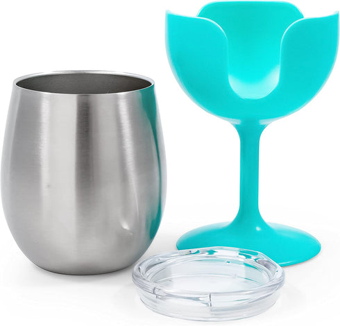 Camco 51915 Stainless Steel Wine Tumbler Set with Removable Fuchsia Pink and Teal Blue Wine Glass Stems- Leak Proof Lid, Vacuum Insulated, BPA Free 8 oz