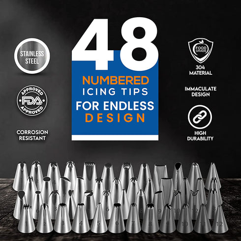 100PCs Piping Bags and Tips Set -48 Numbered Icing Tips, Cookie Cupcake, Cake Decorating Kit Baking Supplies Tools Cake Frosting Piping Tips, Reusable & Disposable Pastry Bags Icing Spatula & Smoother