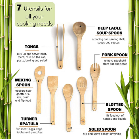 Electy Wooden Spoons for Cooking 8piece Set with Soup Spoon, Bamboo Spatula, Bamboo Utensil Holder
