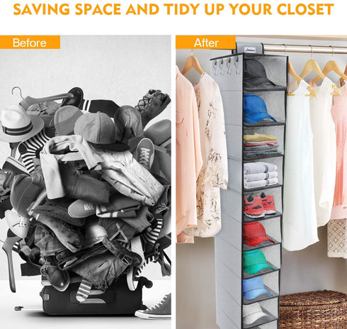 DOIOWN Hanging Closet Organizer Shelves Hat Organizer Rack 10 Shelf Wardrobe Storage Shelves Baseball Cap Organizer with Cover for Closet Hat Storage