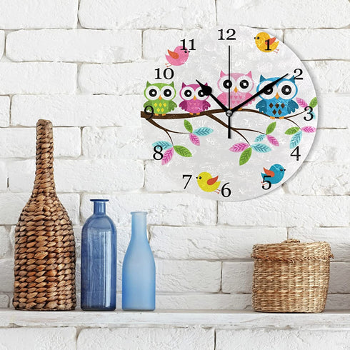 Cute Owl Wall Clock Silent Non-Ticking, Bird Tree 9.5 Inch Round Wall Clock Battery Operated Owl Clock Decor for Kids Room Home Wall Bathroom Kitchen Bedroom Living Room Office Classroom Patio