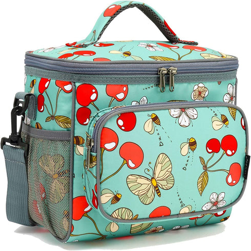 FlowFly Insulated Reusable Lunch Bag Adult Large Lunch Box for Women and Men with Adjustable Shoulder Strap Front Zipper Pocket and Dual Large Mesh Side Pockets, Cherry