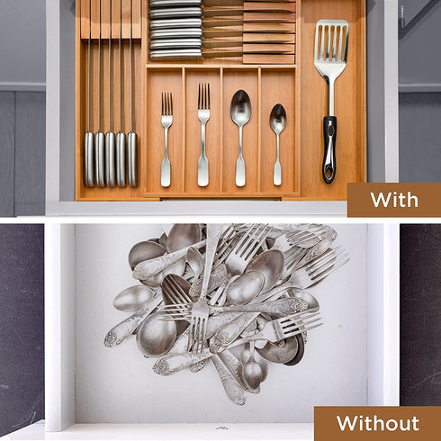 Kitchen Drawer Silverware Organizer - Expandable Bamboo Utensil Tray with Knife Block. Kitchen Silverware Holder or Expandable Drawer Organizer for any drawer, 17? Long, Adjustable from 13? - 22.5? Wide, 2? Deep