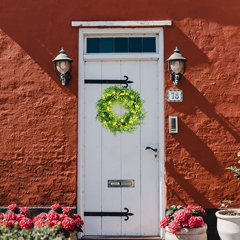 Kurala 20 Inches Artificial Green Leaf Wreath with 40 Led Lights and Timer Battery Operated Front Door Wall Window Party Decoration