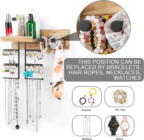 Nokgnoa Jewelry Organizer Wall Mounted Hanging Jewelry Organizer Display Rustic Wood Jewelry Holder with Large Capacity for Necklaces, Bracelet Earrings, Carbonized Black