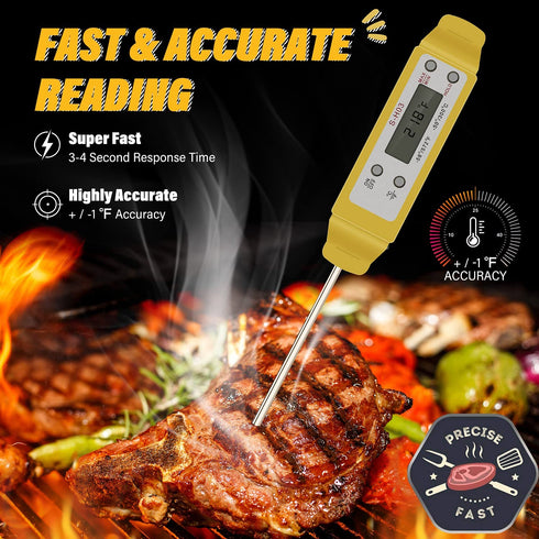 UTours Digital Food Cooking Thermometer,304 Stainless Steel Digital Thermometer Instant Read Meat Thermometer for Kitchen BBQ Grill Smoker Milk and Water (Yellow) - Amazon Vine