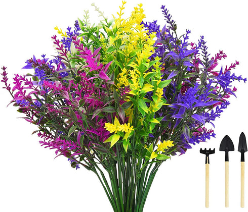 Shiny Flower Artificial Lavender Flowers Bouquet, 8 Bundles Outdoor Fake Shrubs UV Resistant Lifelike Greenery Bushes for Home Kitchen Garden Wedding Outdoor Indoor Porch Box Decorations (Mix)