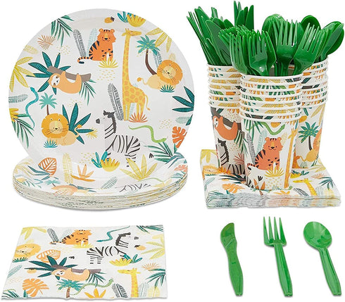 Jungle Theme Safari Birthday Animal Party Decorations Plates and Dinnerware Supplies (144 Pieces, Serves 24)