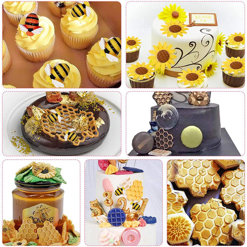 Ocmoiy 4 Pieces Flower and Bee Theme Cake Silicone Molds - Honeycomb Sunflower Bubble Bee Mold for Cake Decoration Cupcake Toppers Chocolate Candy Fondant Polymer Clay Crafting