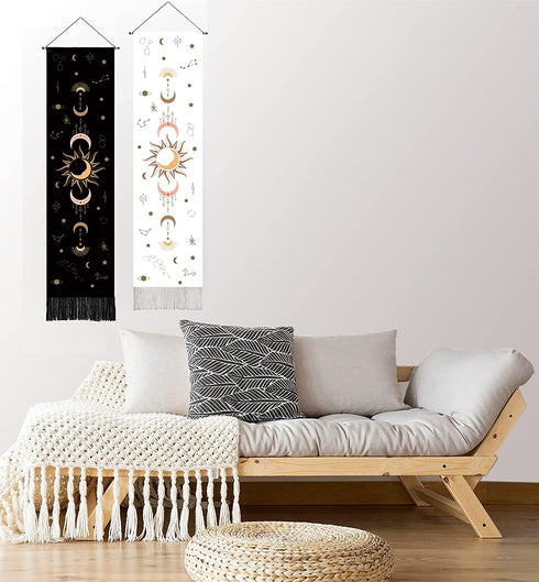 2 pack bohemian decor psychedelic sun and moon phase tapestry wall hanging for bedroom, aesthetic vertical tapestry moon decor with fringe (12.8 x 53.1 inches) black and white boho wall hangings