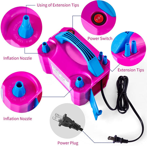 DEMELA Electric Air Balloon Pump Portable Air Blower Pump for Balloons 110V 600W Dual Nozzle Electric Inflator for Party Decoration Sports Rose Red