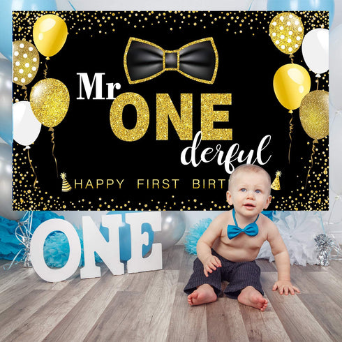 Boys 1st Birthday Mr. Onederful Party Decoration Photography Backdrop Boy Toddler Little Man First Birthday Cake Table Decor Banner(Black)