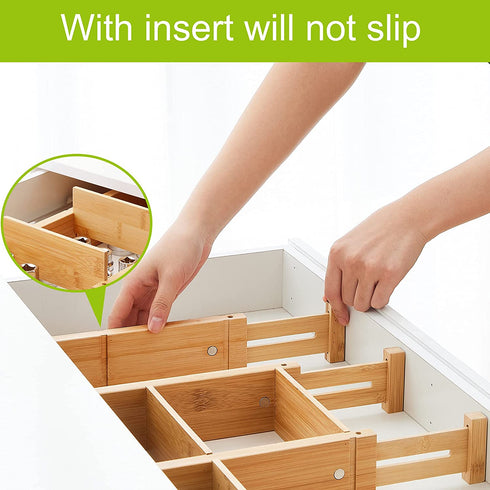 Bamboo Drawer Dividers for Clothes With 8 Inserts, Drawer Dividers Kitchen Utensils(16-20IN) Adjustable Expandable Deep Spring Loaded Separators Organizer for Office Silverware Dressers and Bathroom 4 Pack