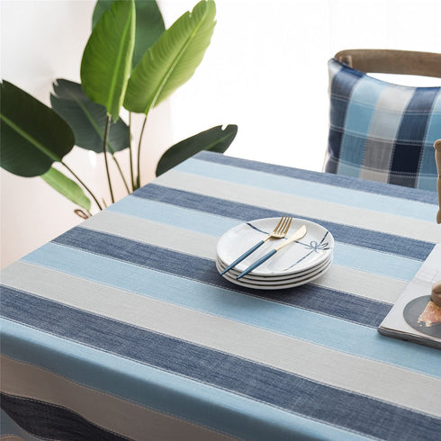 Cotton Linen Stitching Tassel Tablecloth Striped Three-Colour Square Table Cover for Kitchen Dining Tabletop Decoration, Blue, 53 x 53 Inch