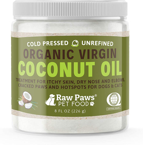Raw Paws Organic Coconut Oil for Dogs & Cats, 8-oz - Treatment for Itchy Skin, Dry Nose, Paws, Elbows, Hot Spot Lotion for Dogs, Natural Hairball Remedy for Dogs & Cats