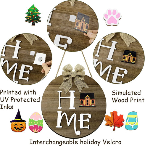 Jetec Home Interchangeable Welcome Sign, Seasonal Front Door Decor with 16 Changeable Ornament, Rustic Wood Round Wall Hanging Sign for Valentines Easter Independence Day Holiday Porch