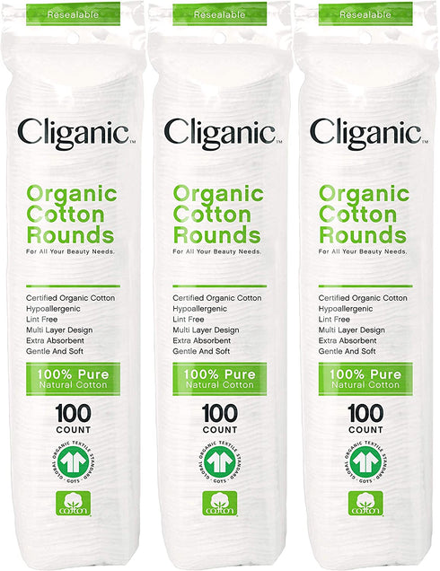 Cliganic Organic Cotton Rounds (300 Count) Makeup Remover Pads, Hypoallergenic, Lint-Free | 100% Pure Cotton