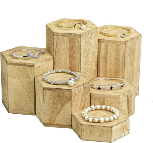 Mooca Wooden 6 Pcs Hexagon Risers for Display Jewelry and Accessories Display Stand, Wooden Display Risers, Wood Jewelry Risers Wood Figurine Display Risers, Oak