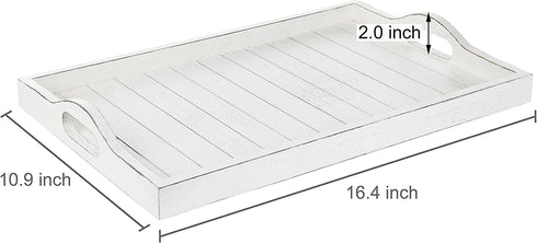 MyGift 16 x 11 inch, Large Whitewashed Wood Serving Tray with Cutout Handles, Rectangular Slatted Design Breakfast Ottoman Coffee Table Decorative Platter
