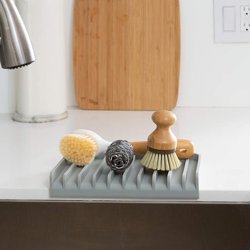 EFFILOGIC Silicone Sponge Holder Tray - Self Draining Kitchen Soap Tray Unique Kitchen Sink Organizer for Dishwashing Accessories Faucet Splash Catcher for Sink - Large 9.8" x 5.8" Black