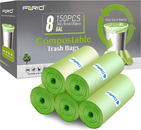 Compostable Trash Bags - FORID 8 Gallon Garbage Bags 150 Count Trash Can Liners 30 Liter Unscented Medium Wastebasket Bags for Kitchen Bathroom Home Office Garbage Can (5Rolls/Green)