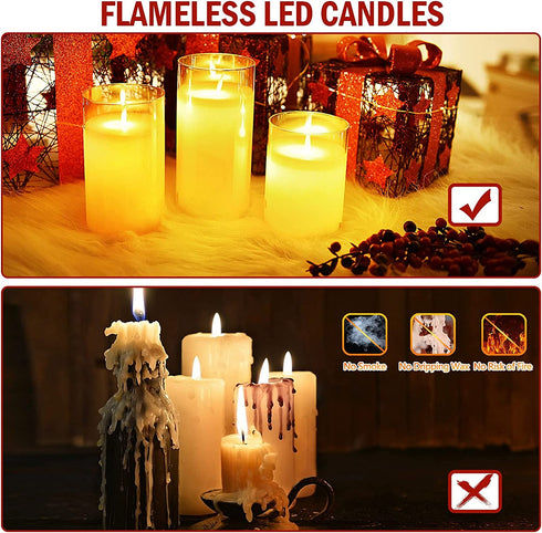 AQUEENLY Christmas Flameless Candles with Timer Led Candles with Remote Glass Battery Operated Candles with Flickering Flame for Christmas Table Decorations (Gold, 3 Pack, D 3'' H 4''5''6'')