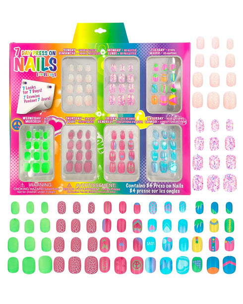 Expressions Girl 7 Day Manicure Collection - 84PC Press On Nail Set, Day-of-The-Week Adhesive False Nails for Girls (Set of Brights or Pastels) – Colorful Novelty Designs Stick On Nails for Kids