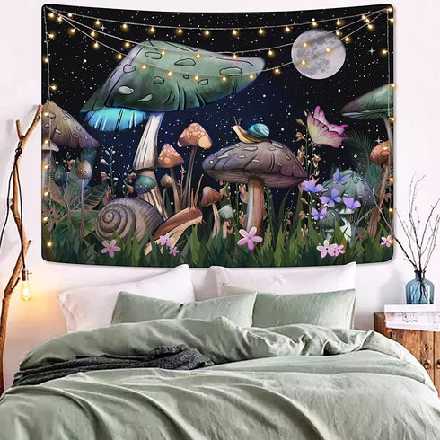 Lifeel Trippy Mushroom Tapestry, Moon and Stars Tapestrs with Snail Flowers and Plants Tapestry Wall Hanging for Room 36—48 inches