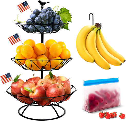 Fruit Basket for Kitchen-Countertop Detachable Vegetables-Storage - Homlab 3-Tier Fruit Bowl for Counter Fruit Holder Metal Banana Holder Organizer with Banana Hanger & Reusable Storage Bag(Black)