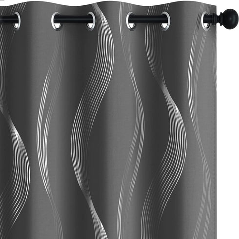 Deconovo Blackout Curtains, Foil Print Wave Striped Room Darkening Curtains, Thermal Insulated Bedroom Curtains, Set of 2, 42 by 90 Inch, Dark Grey